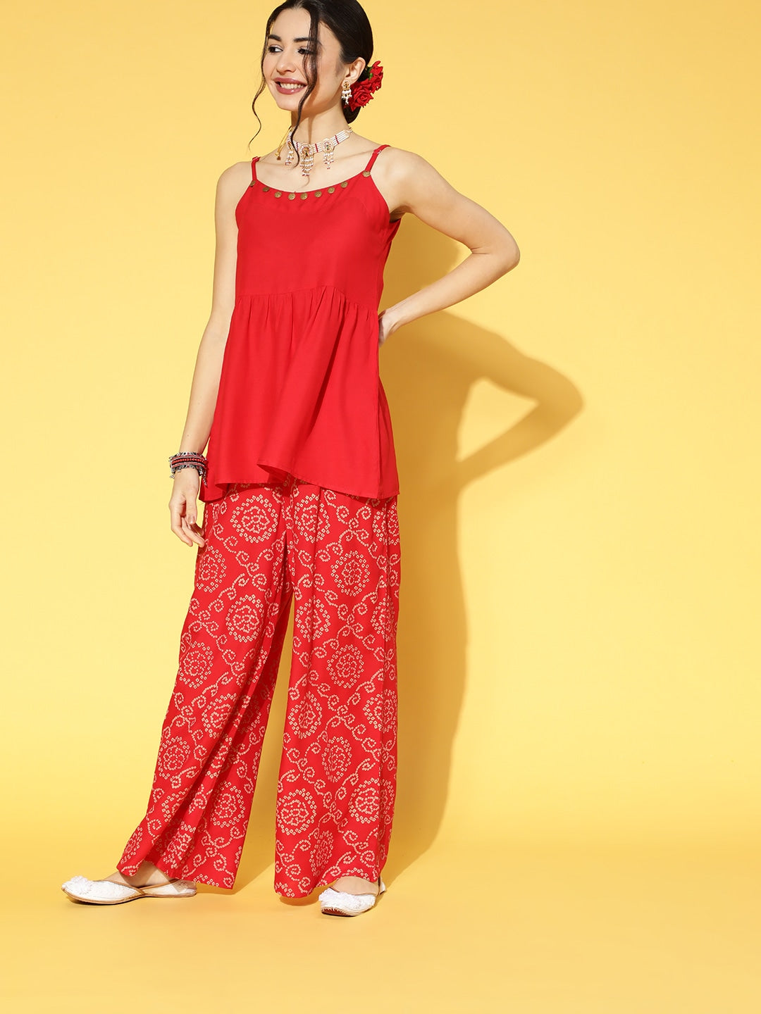 Women Solid Rayon short Flared Top Palazzo Set