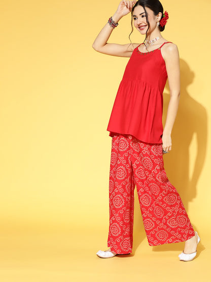 Women Solid Rayon short Flared Top Palazzo Set