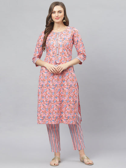 Women's Floral Print Cotton Straight Kurta Pant Set