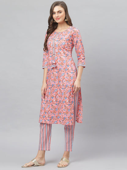 Women's Floral Print Cotton Straight Kurta Pant Set