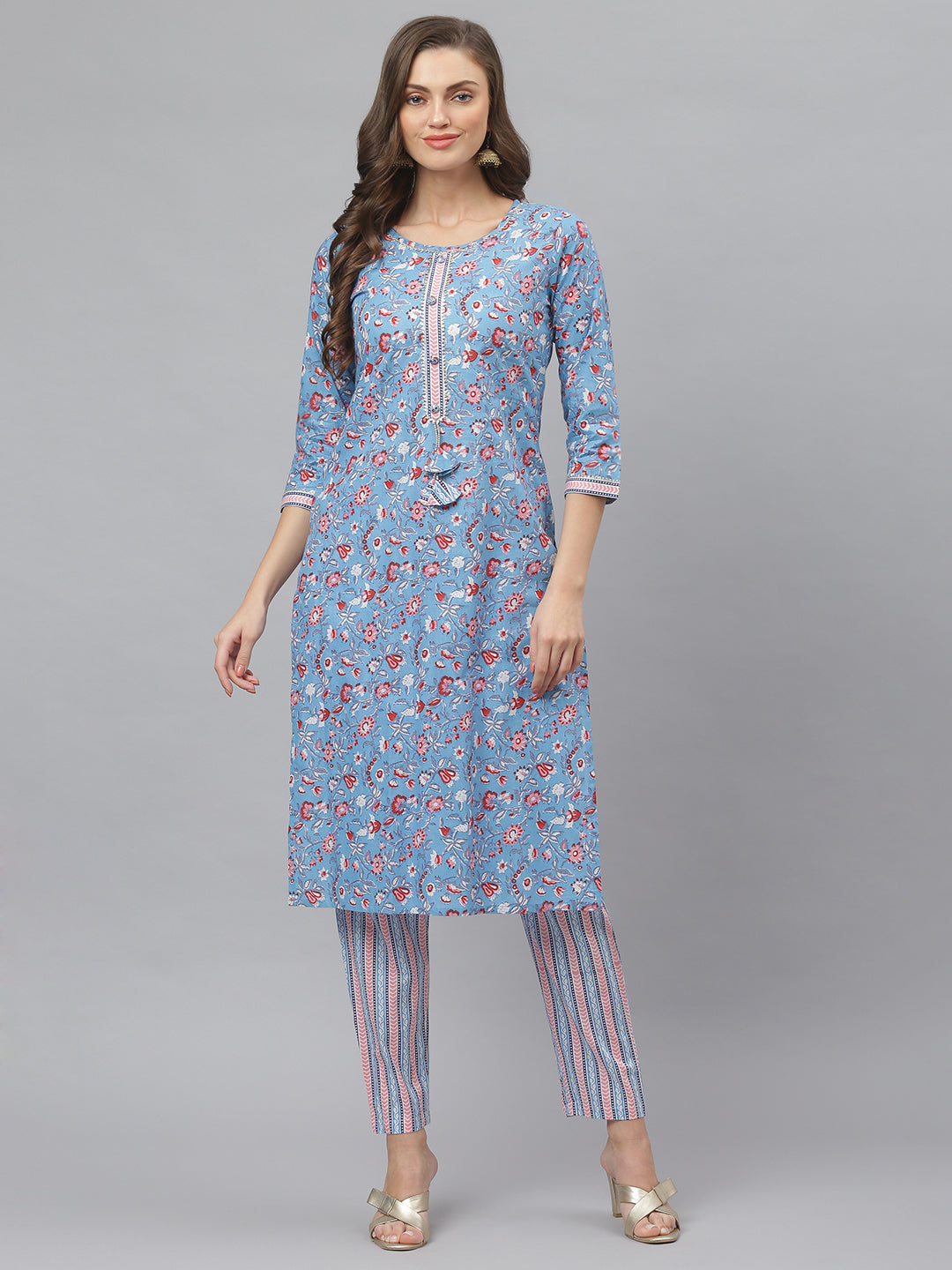 Women's Floral Print Cotton Straight Kurta Pant Set