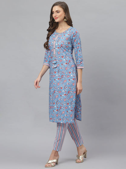 Women's Floral Print Cotton Straight Kurta Pant Set