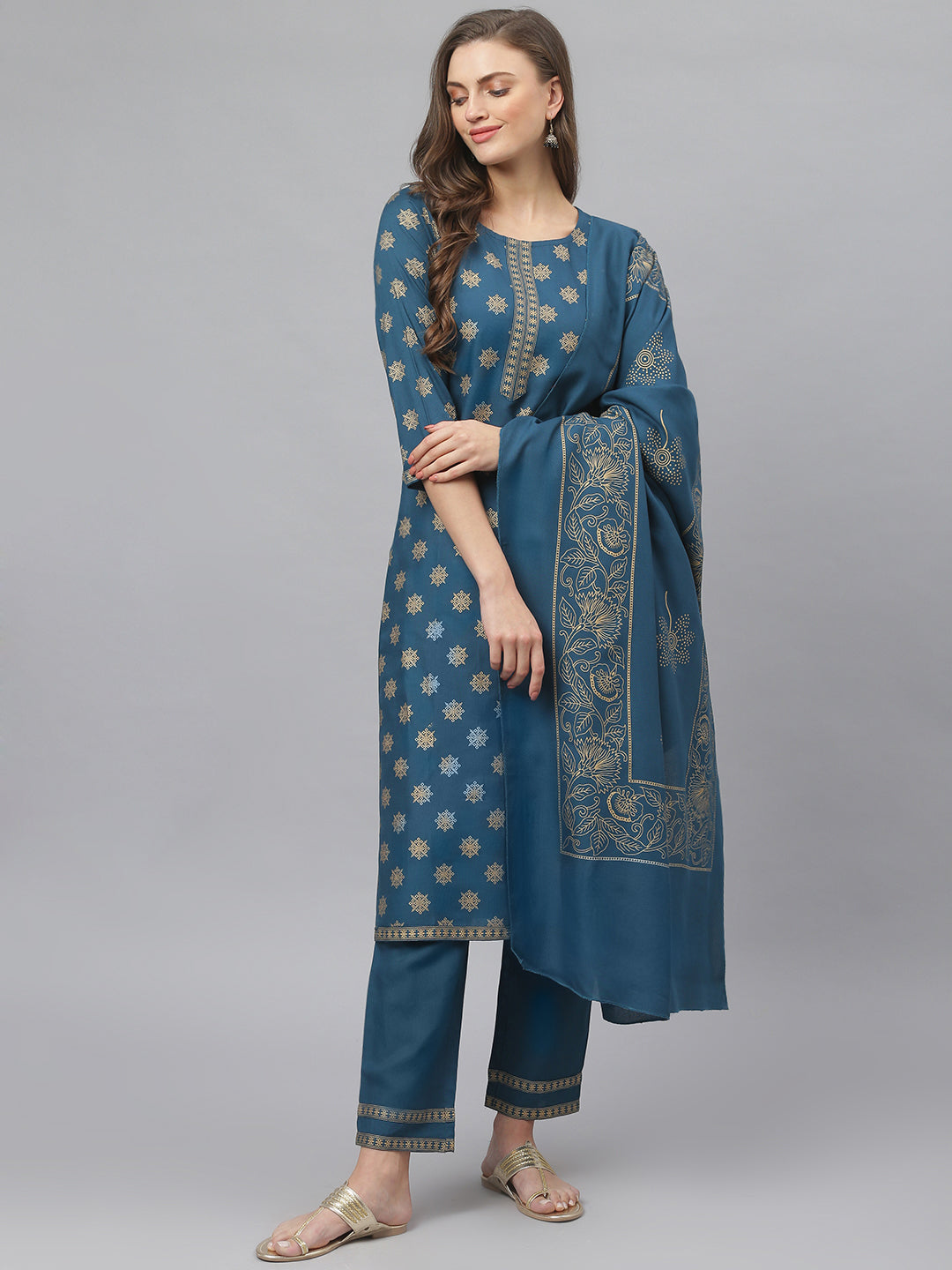 Women's Gold Printed Rayon Straight Kurta Pant Dupatta Set