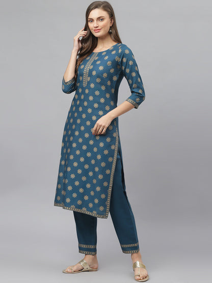 Women's Gold Printed Rayon Straight Kurta Pant Dupatta Set