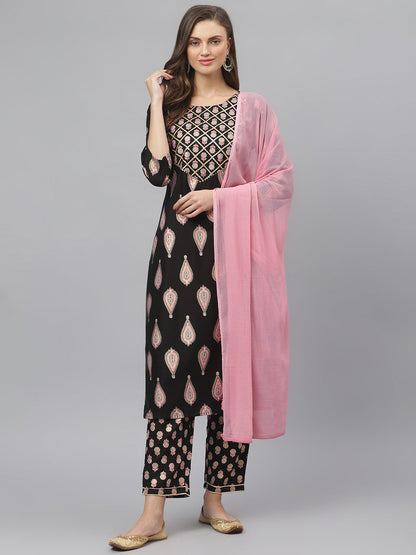 Women's Floral Print Rayon Straight Kurta Pant Dupatta Set