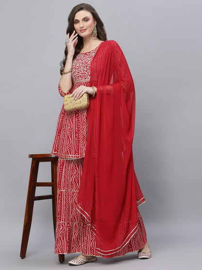 Bandhej Printed & Embroidered Kurta Sharara Dupatta Set