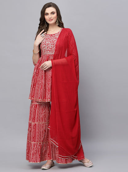 Bandhej Printed & Embroidered Kurta Sharara Dupatta Set