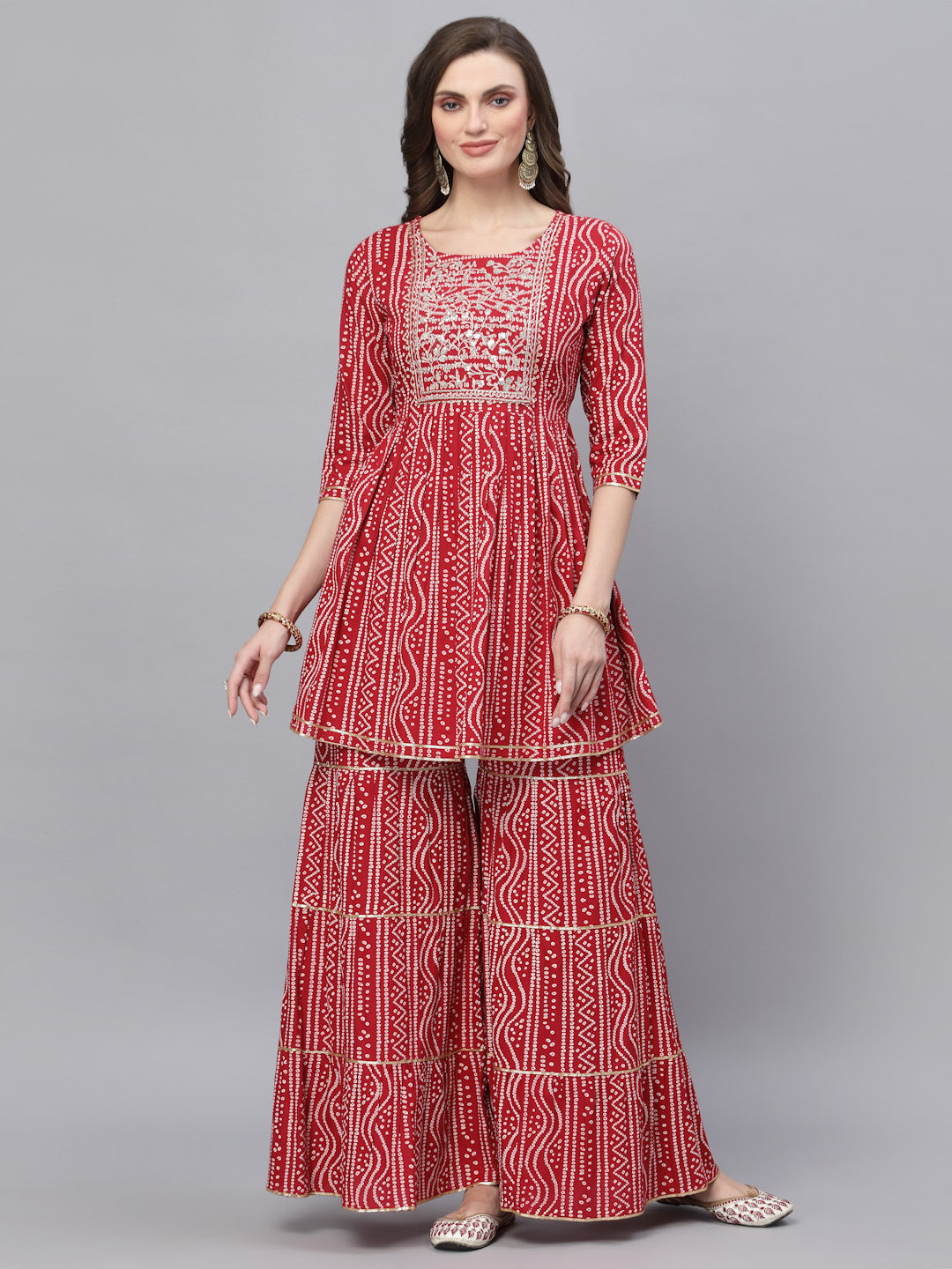 Bandhej Printed & Embroidered Kurta Sharara Dupatta Set