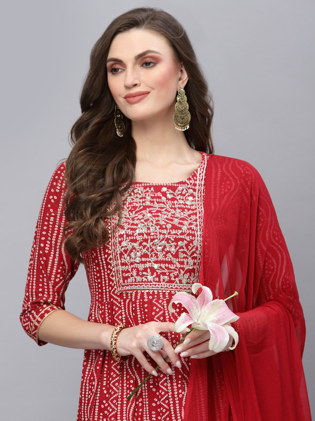 Bandhej Printed & Embroidered Kurta Sharara Dupatta Set