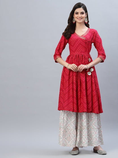 Bandhej Printed Rayon Flared kurta sharara Set