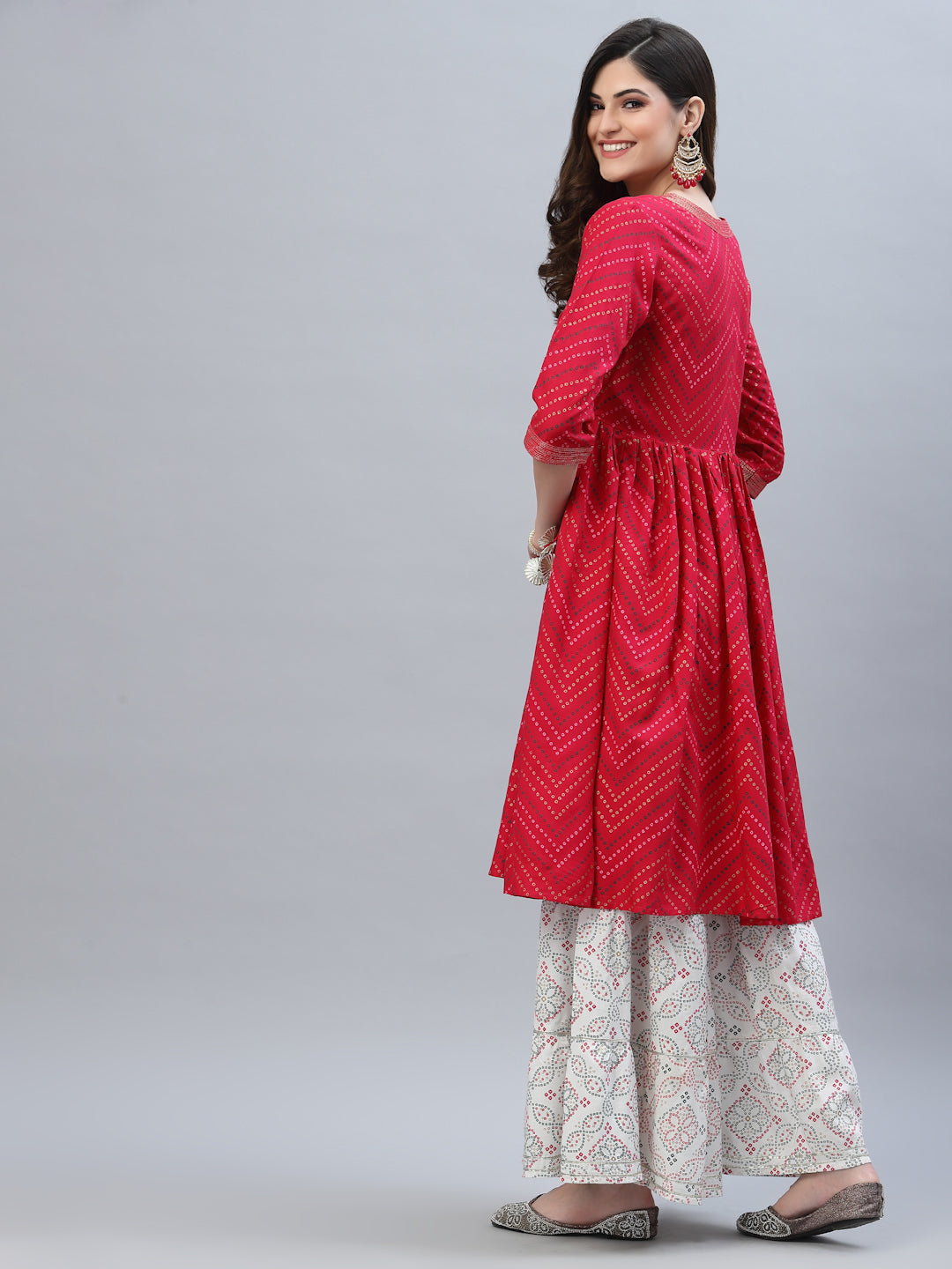 Bandhej Printed Rayon Flared kurta sharara Set