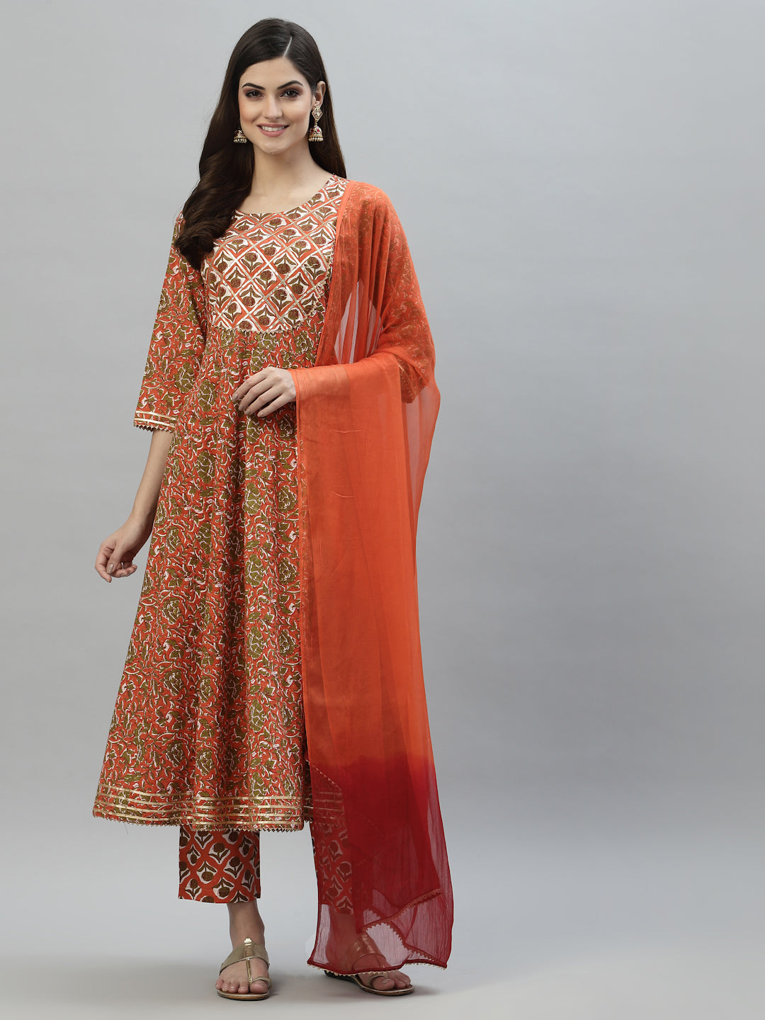 Floral Printed Cotton Anarkali Kurta Pant Dupatta Set