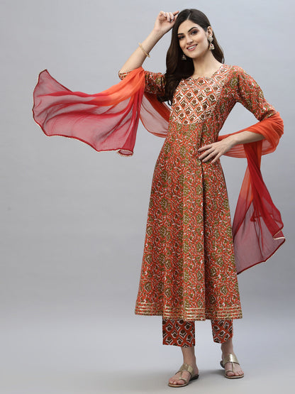 Floral Printed Cotton Anarkali Kurta Pant Dupatta Set