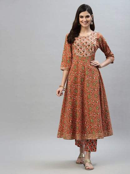 Floral Printed Cotton Anarkali Kurta Pant Dupatta Set