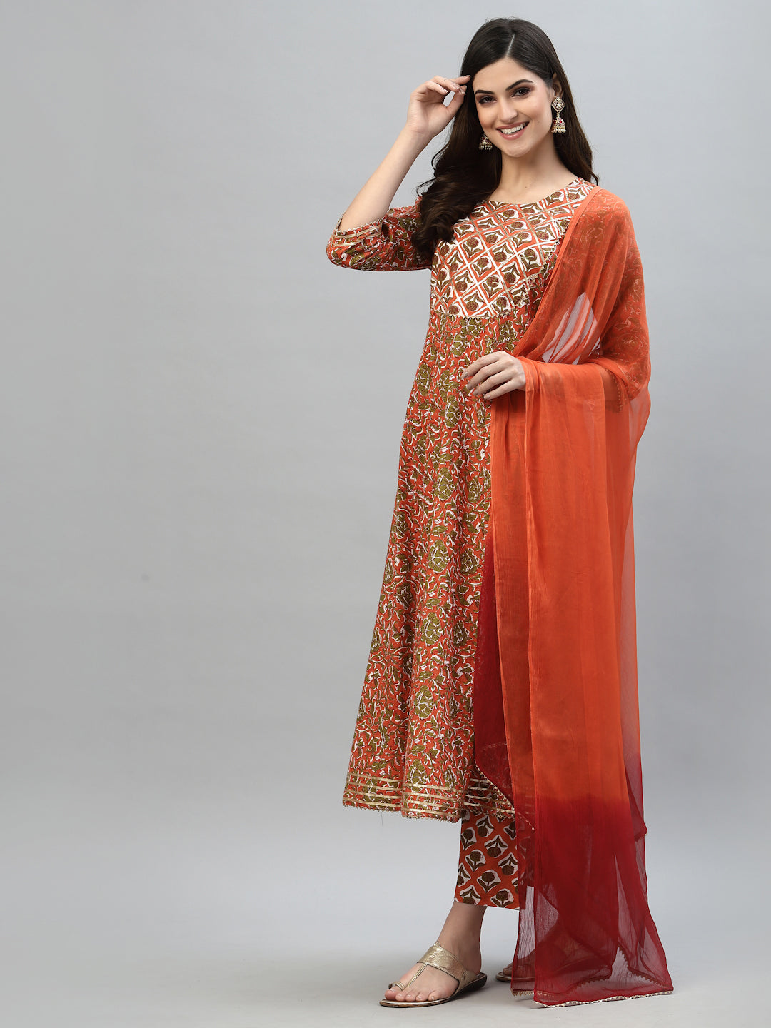 Floral Printed Cotton Anarkali Kurta Pant Dupatta Set