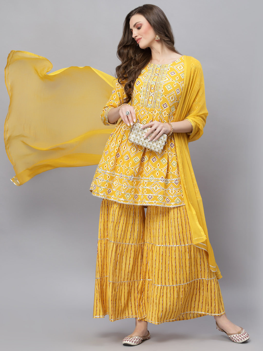 Printed & Embroidered Rayon Kurta Sharara Dupatta Set