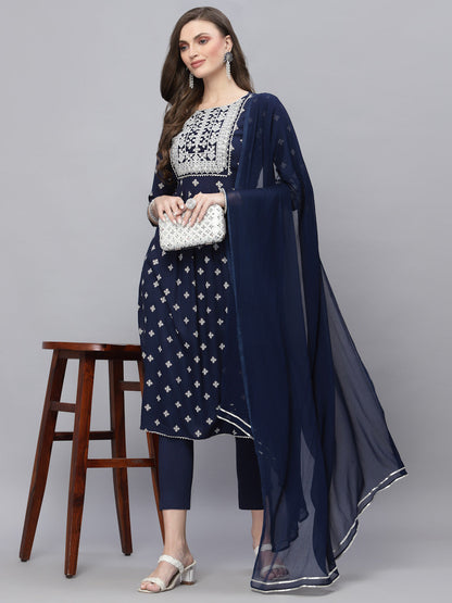 Printed & Embroidered Rayon Straight Kurta Pant Dupatta Set