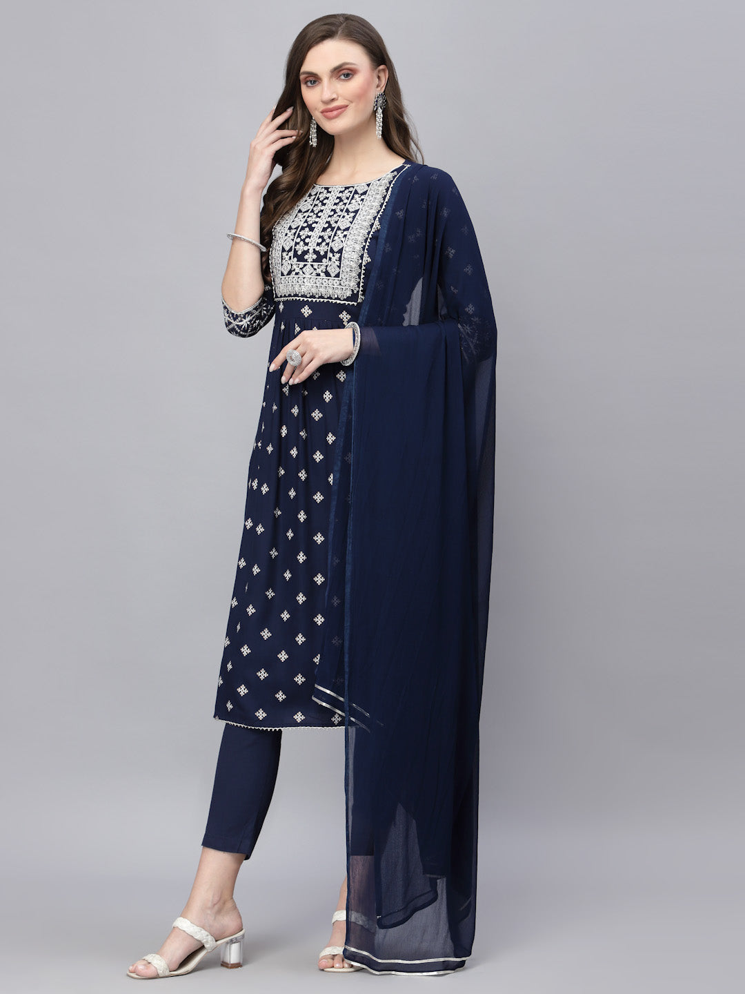 Printed & Embroidered Rayon Straight Kurta Pant Dupatta Set