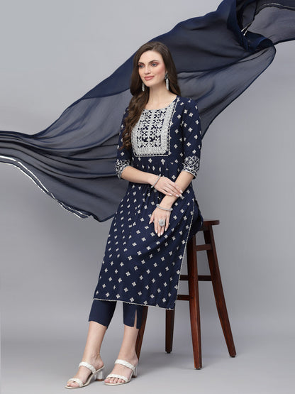 Printed & Embroidered Rayon Straight Kurta Pant Dupatta Set