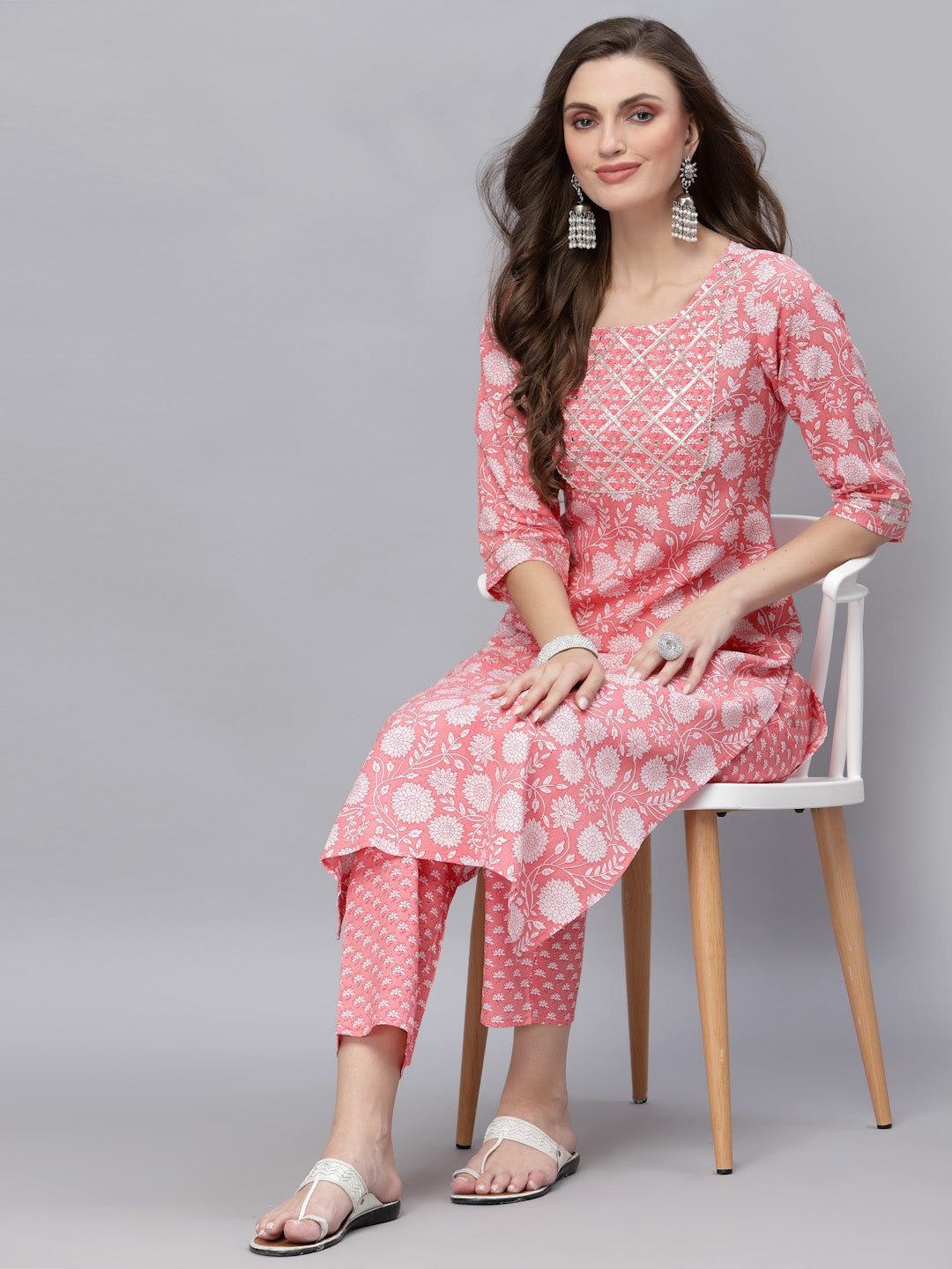 Floral Printed & Embellished Rayon Straight Kurta Pant Set