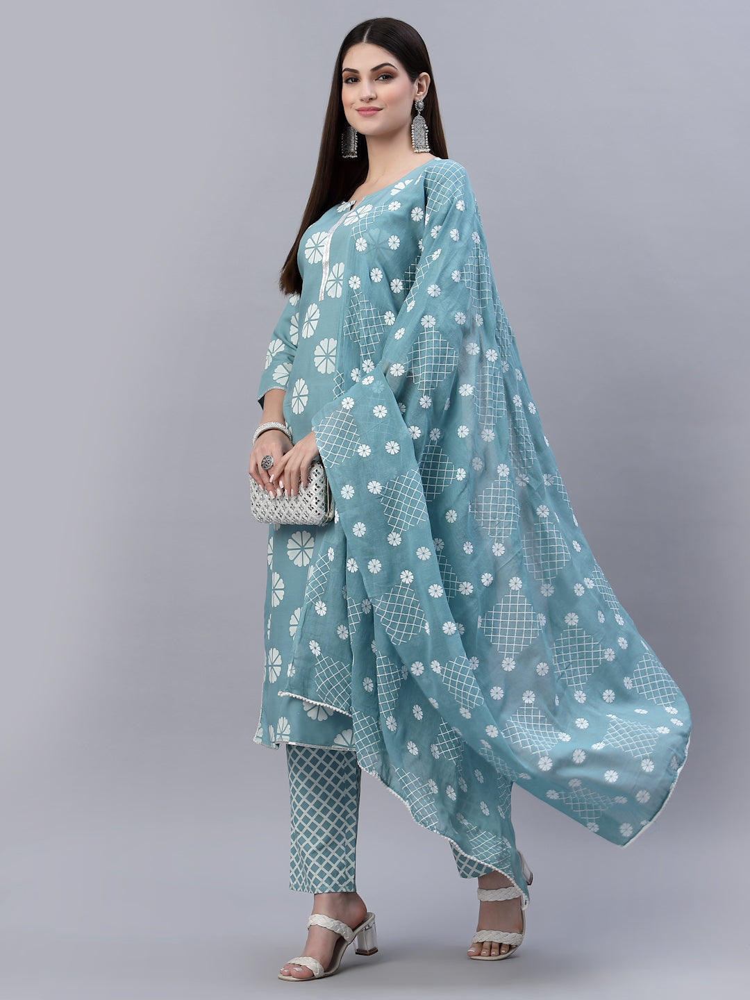 Printed Cotton Straight Kurta Pant Dupatta Set