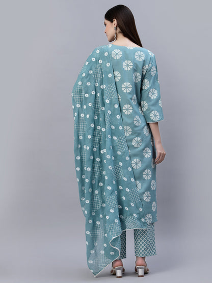 Printed Cotton Straight Kurta Pant Dupatta Set