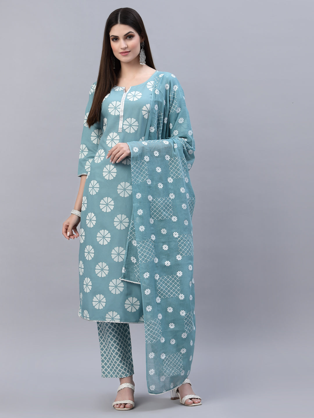 Printed Cotton Straight Kurta Pant Dupatta Set