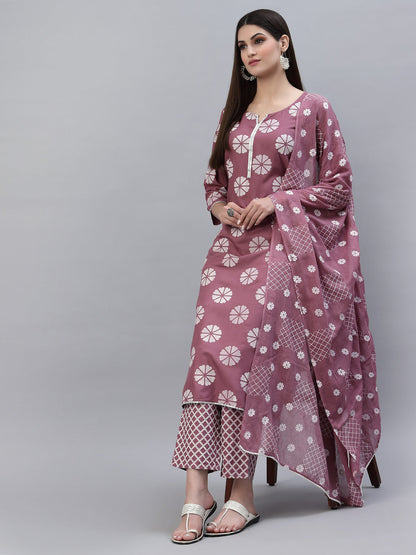 Printed Cotton Straight Kurta Pant Dupatta Set