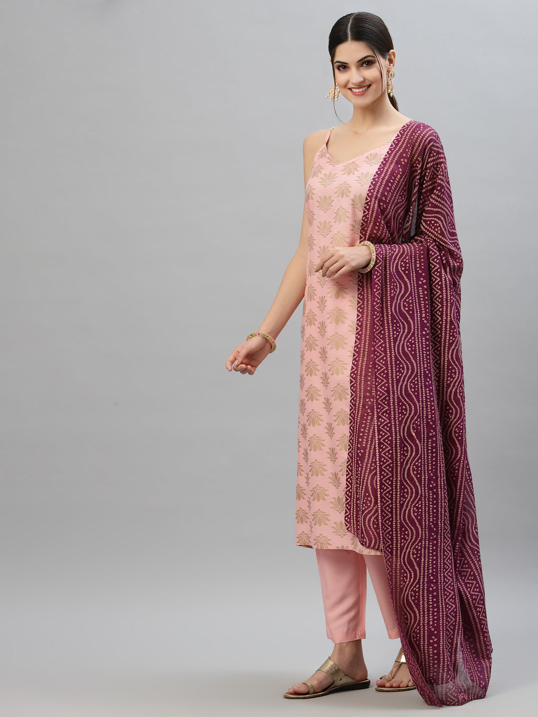 Gold Print Rayon Straight Kurta Pant Dupatta Set