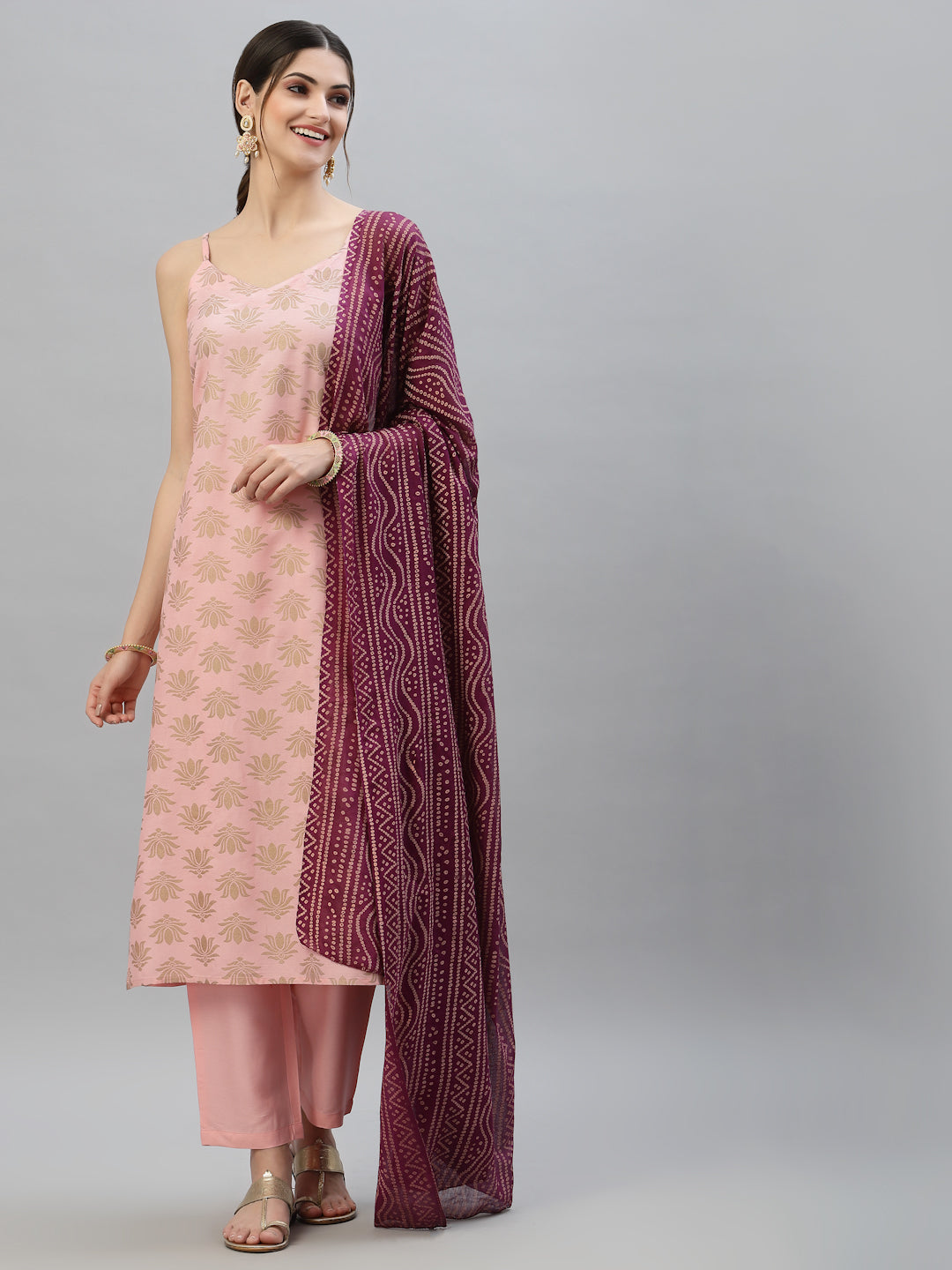 Gold Print Rayon Straight Kurta Pant Dupatta Set