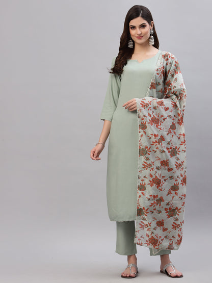 Solid Rayon Straight Kurta Pant Dupatta Set