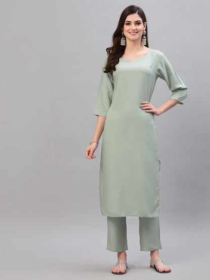 Solid Rayon Straight Kurta Pant Dupatta Set