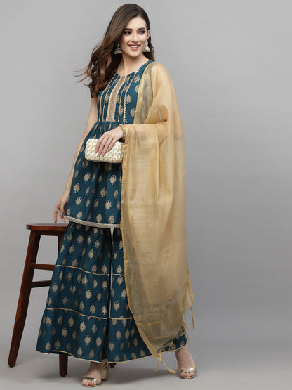 Gold Printed Cotton Kurta Sharara Dupatta Set