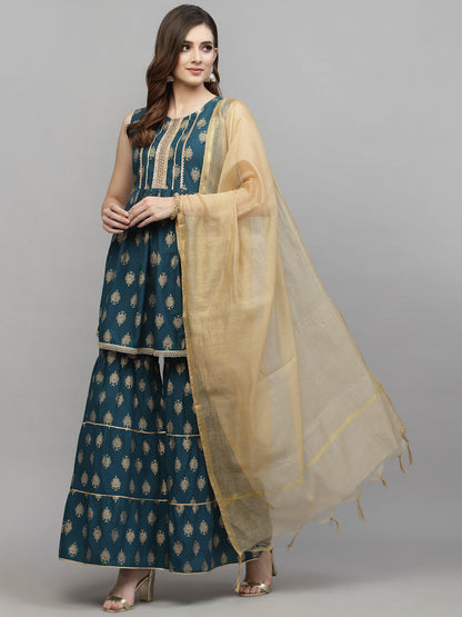 Gold Printed Cotton Kurta Sharara Dupatta Set