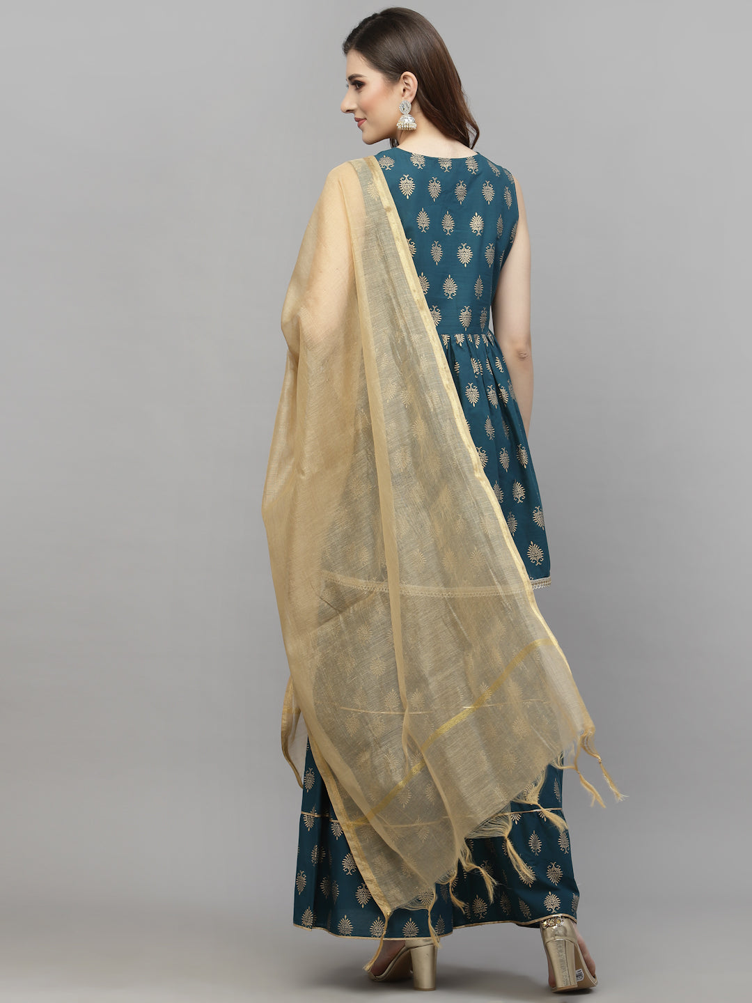 Gold Printed Cotton Kurta Sharara Dupatta Set