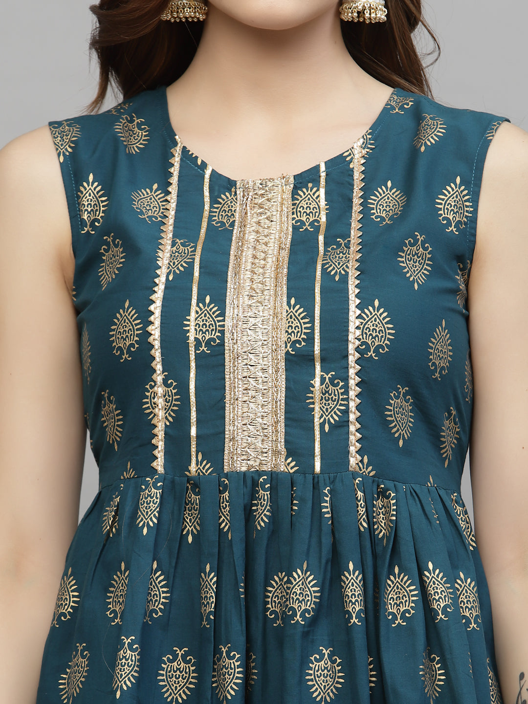 Gold Printed Cotton Kurta Sharara Dupatta Set