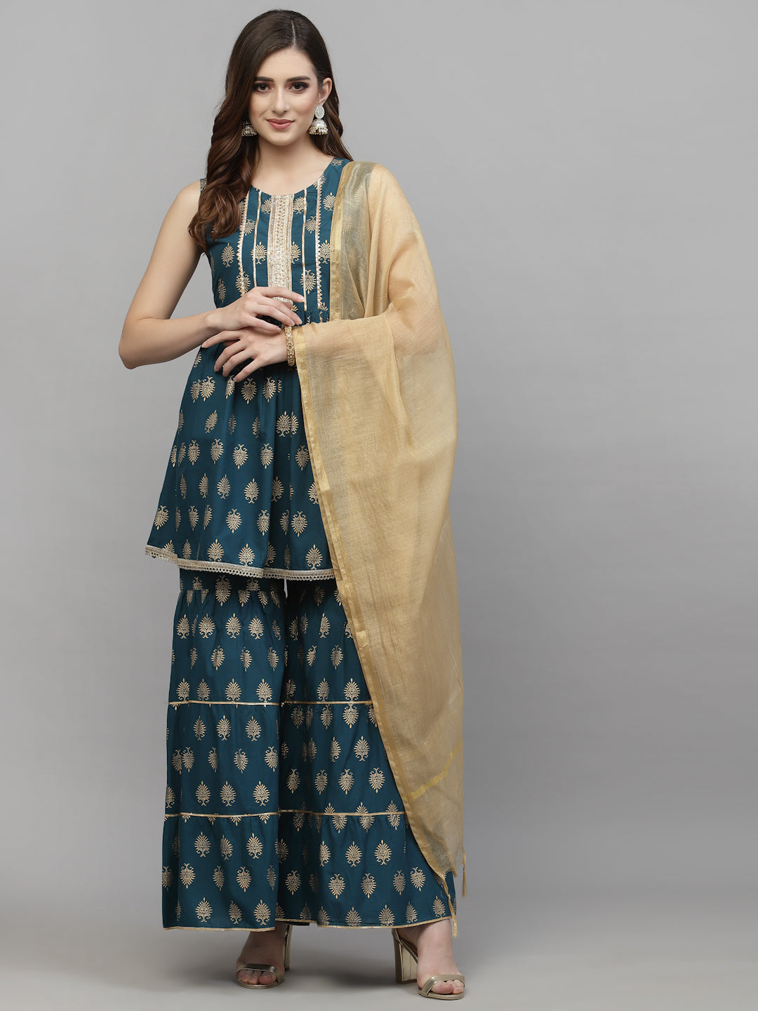 Gold Printed Cotton Kurta Sharara Dupatta Set