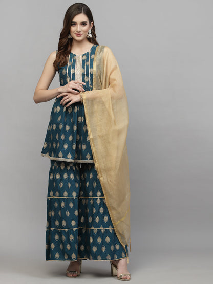 Gold Printed Cotton Kurta Sharara Dupatta Set