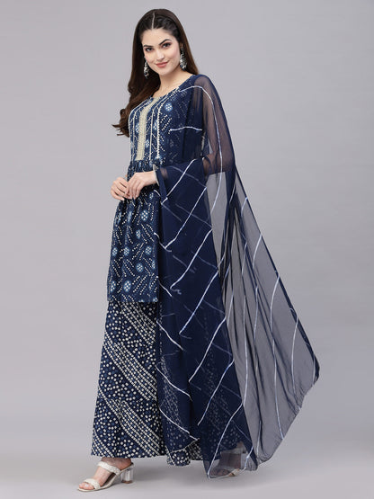 Bandhej Printed Cotton Flared Short Kurta Sharara Dupatta Set