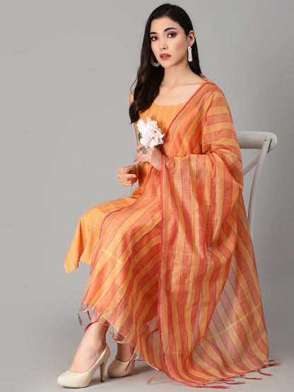 Striped Cotton Blend Straight Kurta Pant Dupatta Set