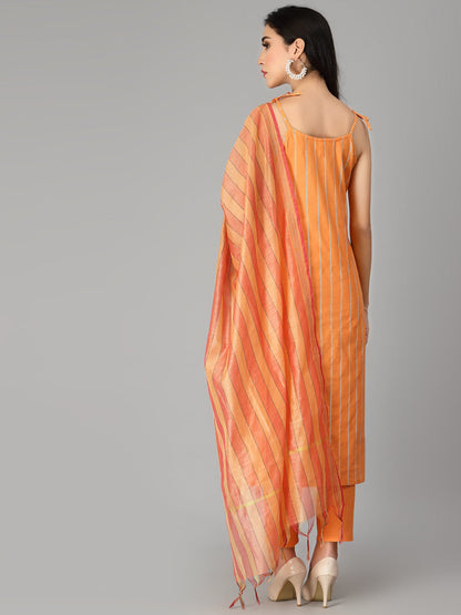 Striped Cotton Blend Straight Kurta Pant Dupatta Set