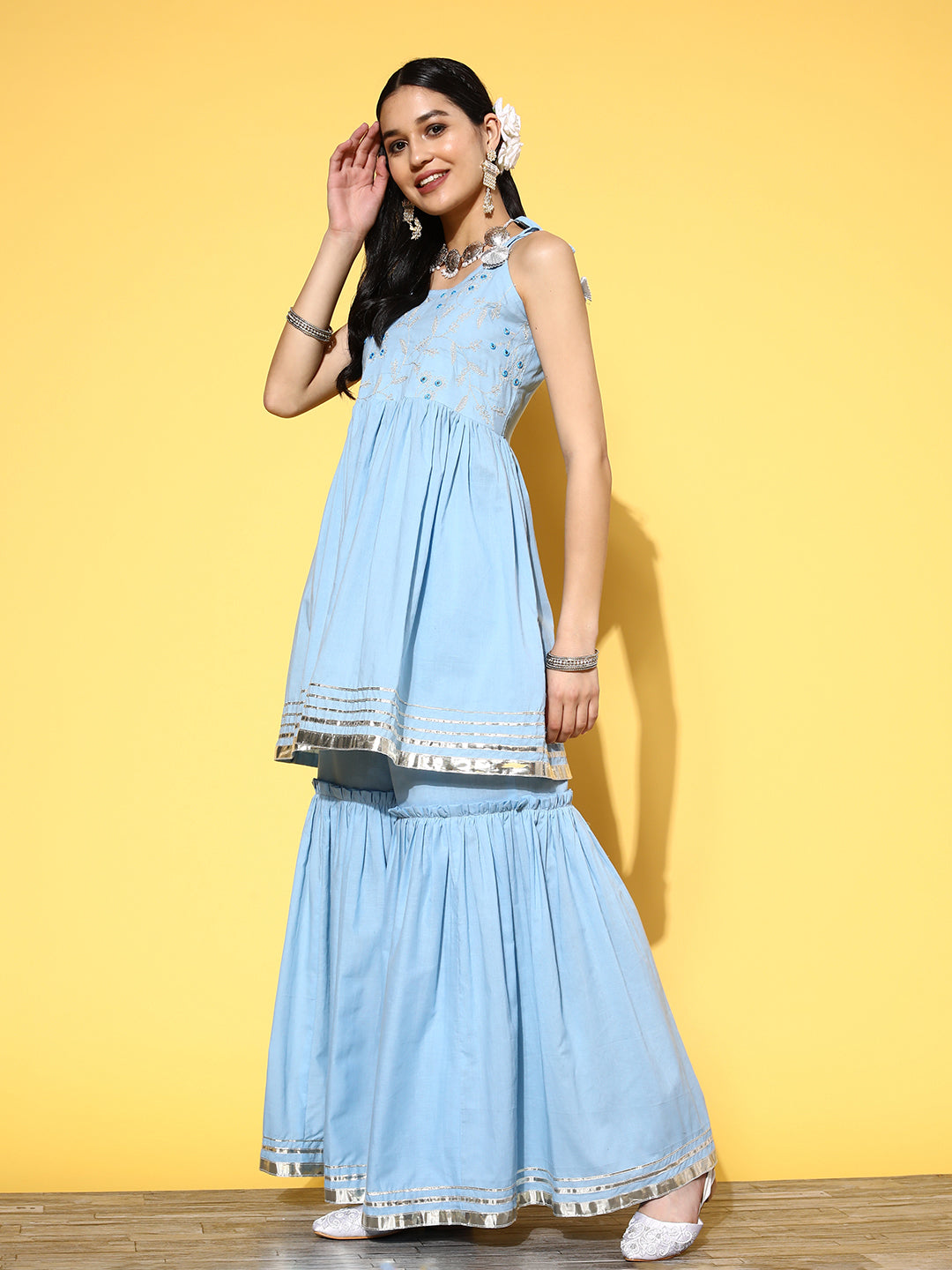 Embroidered Cotton Kurta Sharara with Printed Dupatta