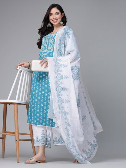 Printed & Embroidered Rayon Kurta Pant Dupatta Set