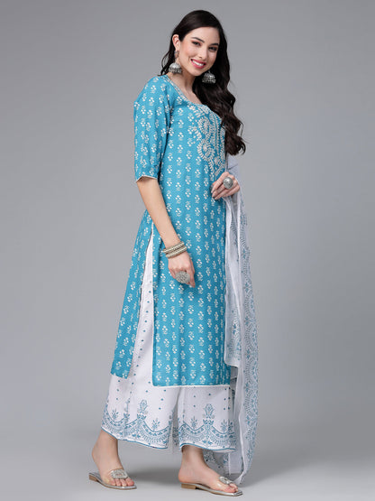 Printed & Embroidered Rayon Kurta Pant Dupatta Set