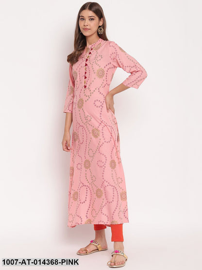 Printed Rayon A-Line Kurta (Pastel Pink)