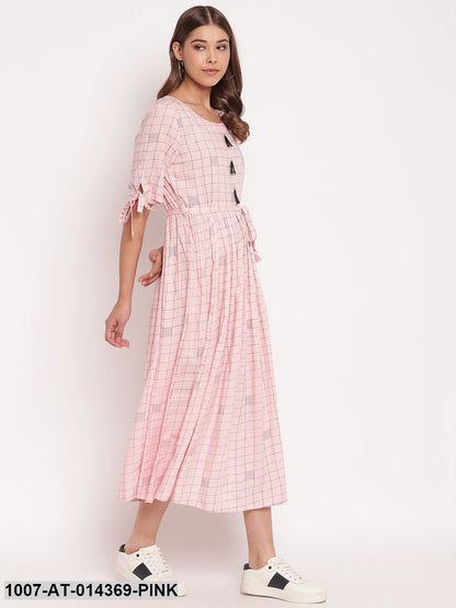 Checkered Rayon Flared Dress Kurta (Pastel Pink)