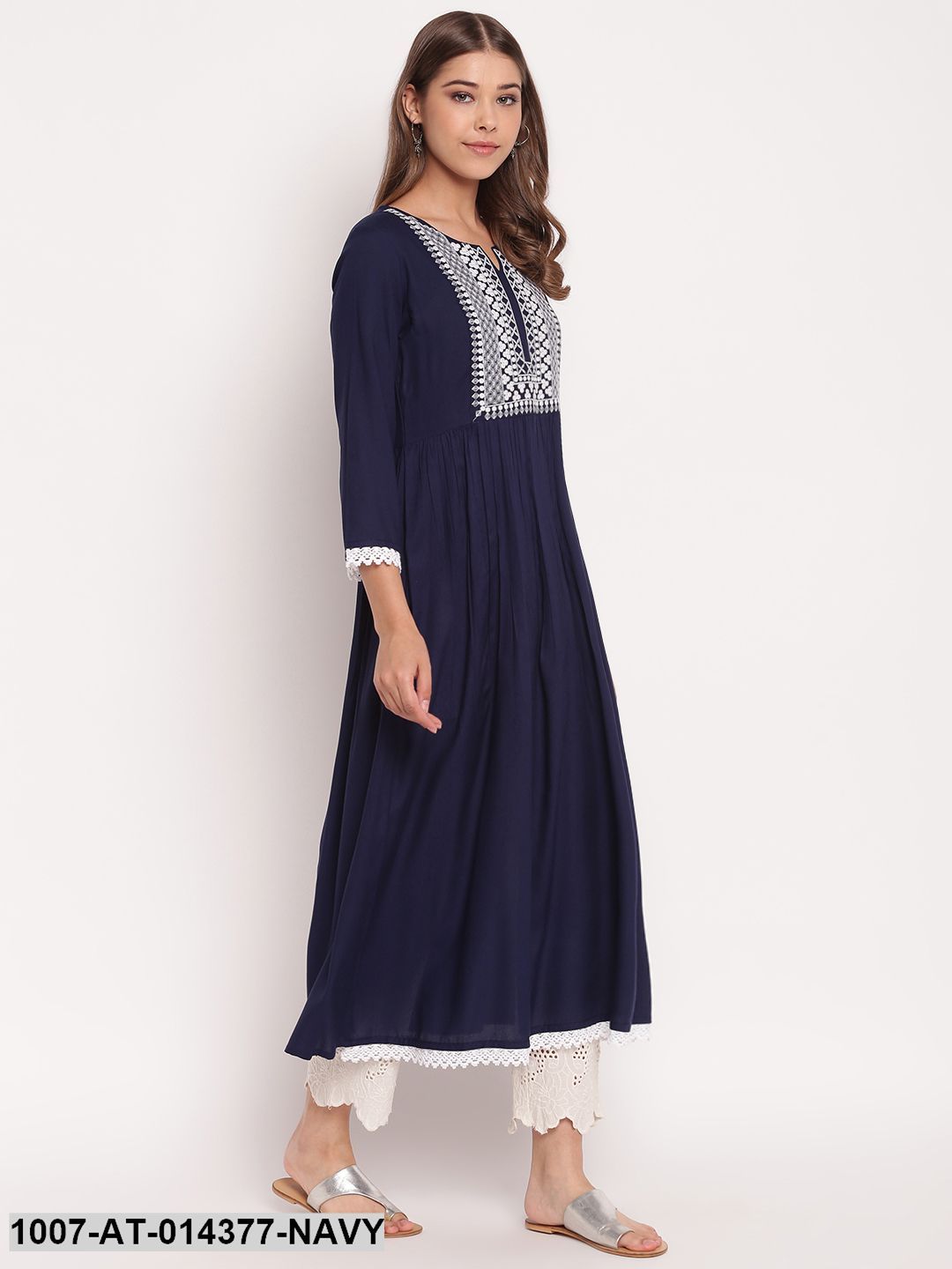 Embroidered Rayon Flared Kurta (Navy Blue)