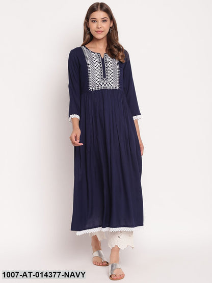 Embroidered Rayon Flared Kurta (Navy Blue)