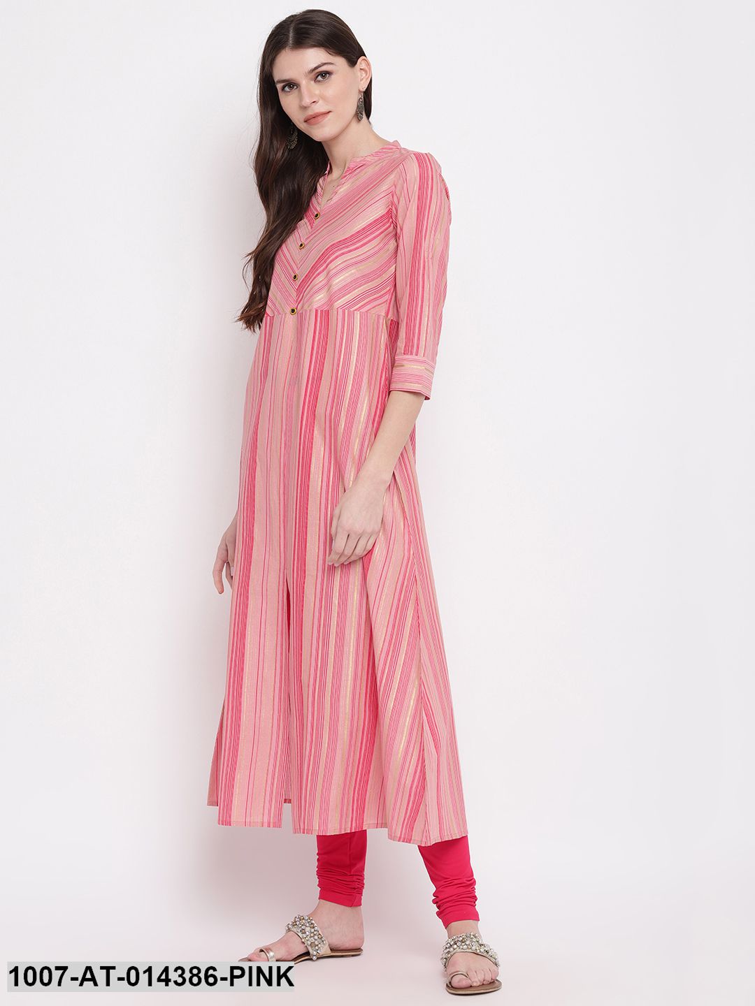 Striped Print Cotton A-Line Kurta (Pink)