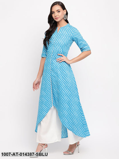 Leheriya Print Cotton High-Low Kurta (Sky Blue)